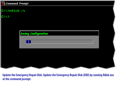 4) Update the Emergency Repair Disk. Update the Emergency Repair Disk (ERD) by running Rdisk.exe at the command prompt