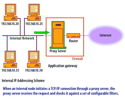 When an internal node indicates a TCP/IP connection through a proxy server, the proxy server receives the request and checks it against a set of configurable filters.
