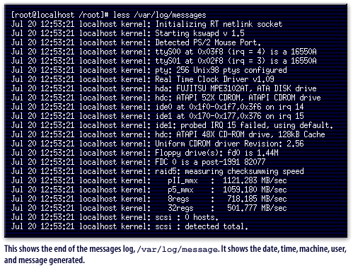 1) This shows the end of the messages log, /var/log/message. It shows the date, time, machine, user, and message generated.