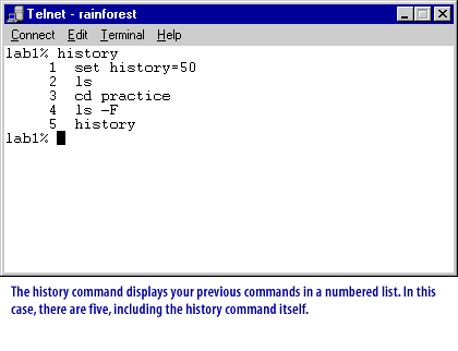 3) History command displays previous commands in a numbered list. 